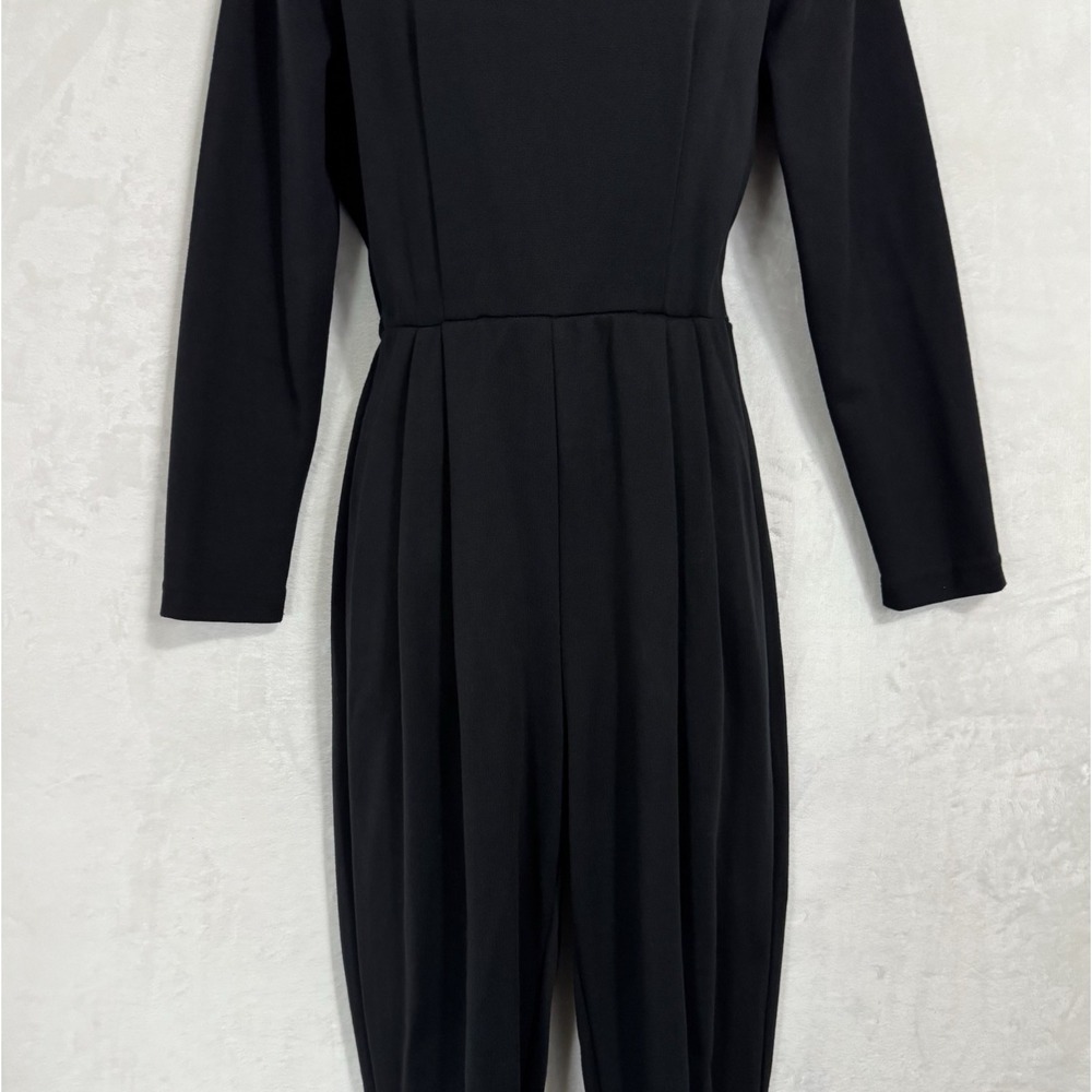 Vintage Long Sleeve‎ Pleated Knit Jumpsuit Stirrups Size M Black Minimalist Chic - Picture 3 of 15